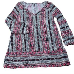 Express Boho Mini Shift Dress Tassel Tie Black Red Floral Tribal Stripe